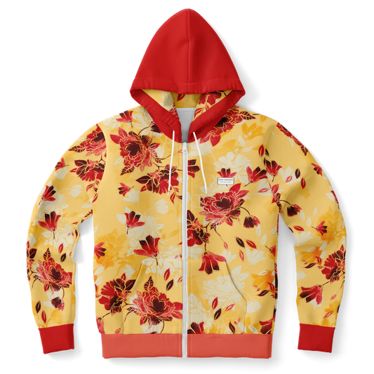 Athletic Zip-Up Hoodie Red Bloom-Timeless Florals